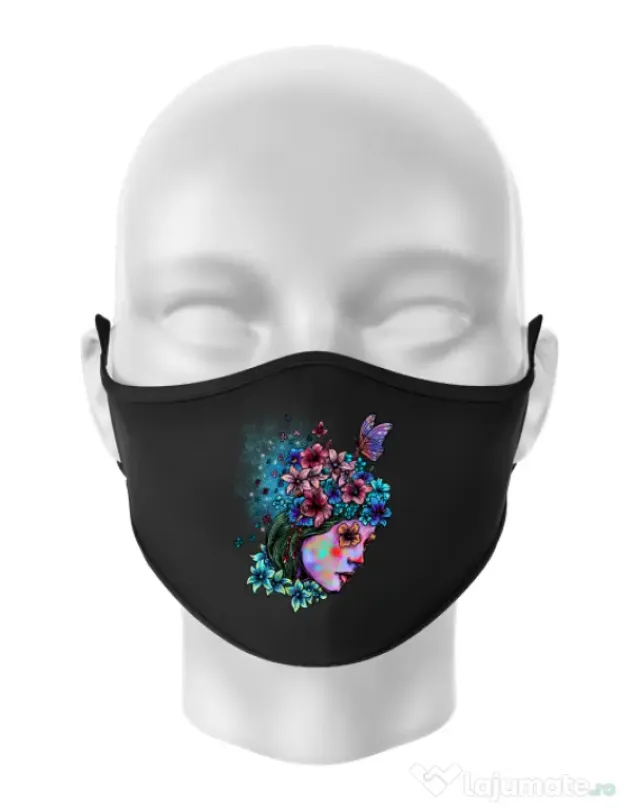 Masca personalizata reutilizabila Lady and flowers Negru