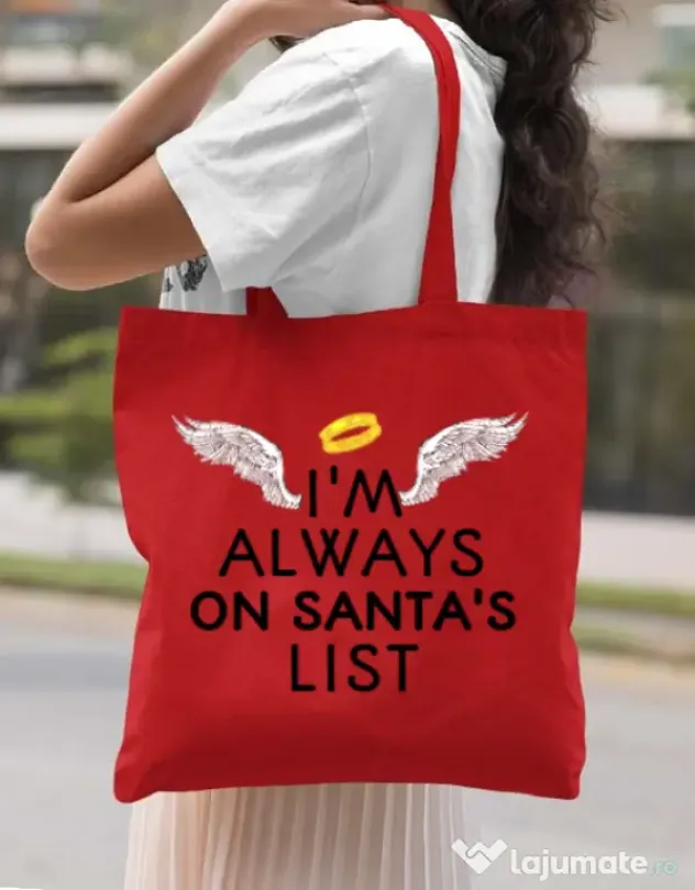Sacosa din panza Always on santa’s list Rosu