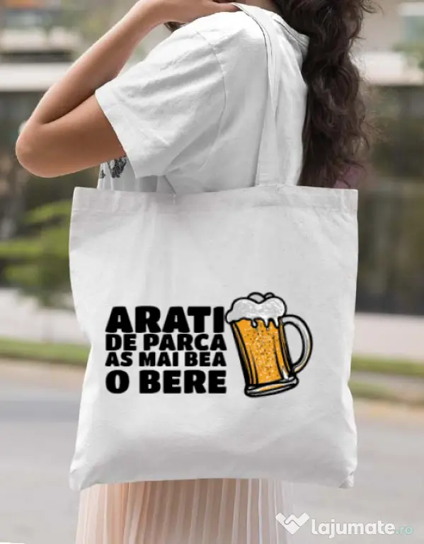 Sacosa din panza As mai bea o bere Alb