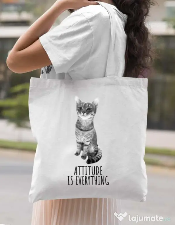 Sacosa din panza Attitude is everything Alb