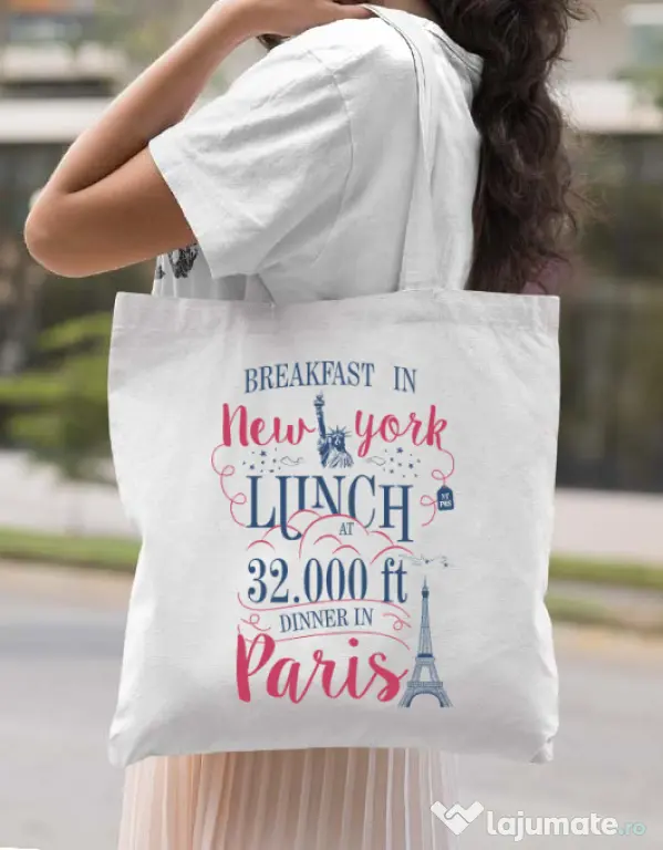 Sacosa din panza Breakfast in New York Alb