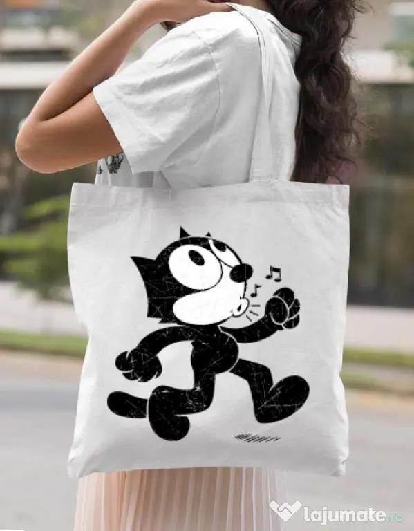 Sacosa din panza Felix the cat Alb