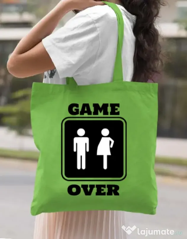 Sacosa din panza Game over pregnant Verde mar