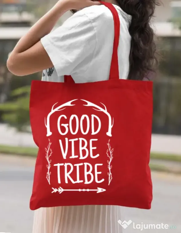Sacosa din panza Good vibe tribe Rosu