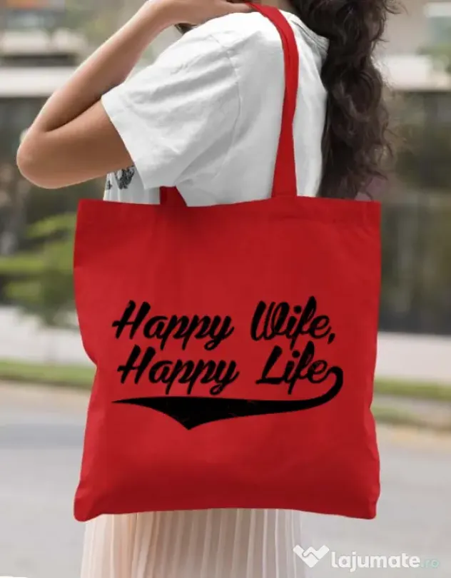 Sacosa din panza Happy life Rosu