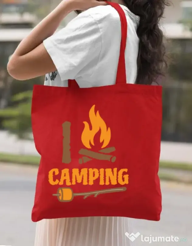 Sacosa din panza I love Camping Rosu