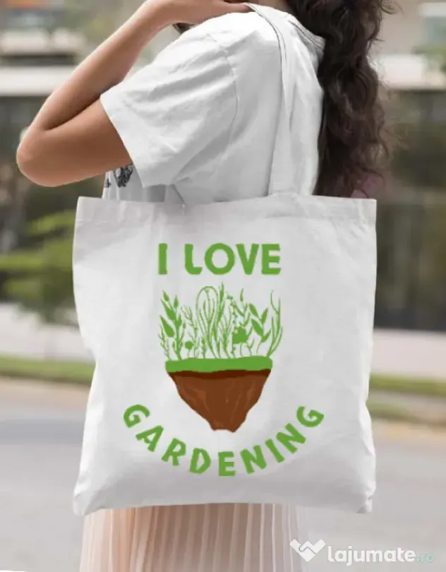 Sacosa din panza I love gardening Alb