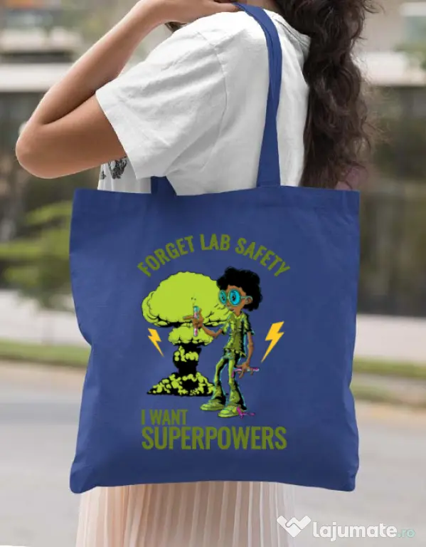 Sacosa din panza I want superpowers Albastru regal