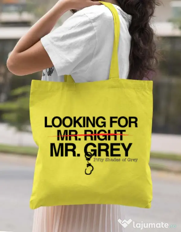 Sacosa din panza Looking for Mr Grey Galben