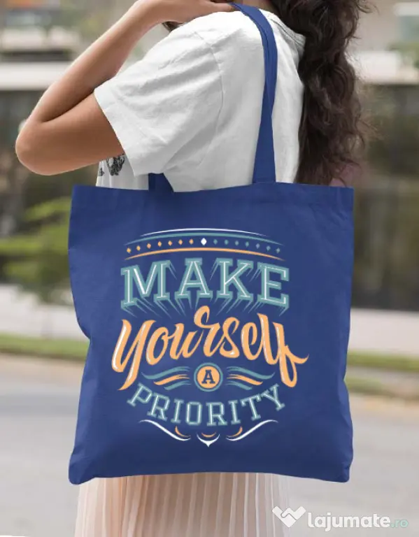 Sacosa din panza Make yourself a priority Albastru regal