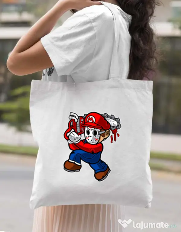 Sacosa din panza Mario Massacre Alb