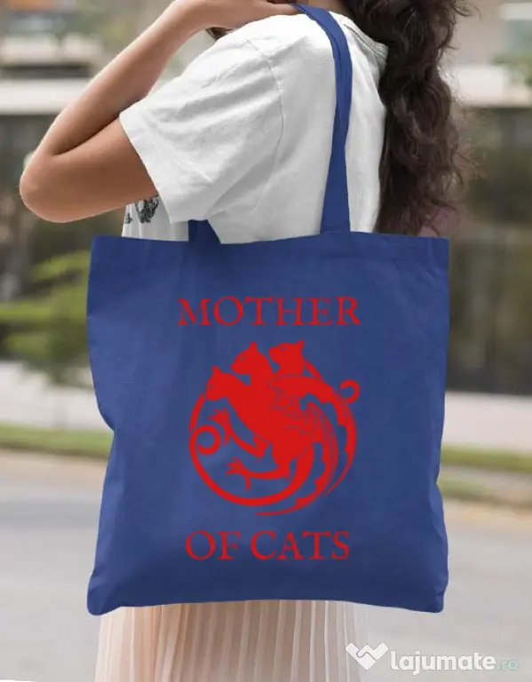 Sacosa din panza Mother of cats Albastru regal