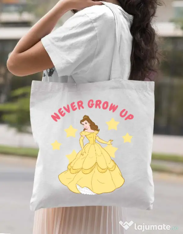 Sacosa din panza Never grow up Alb