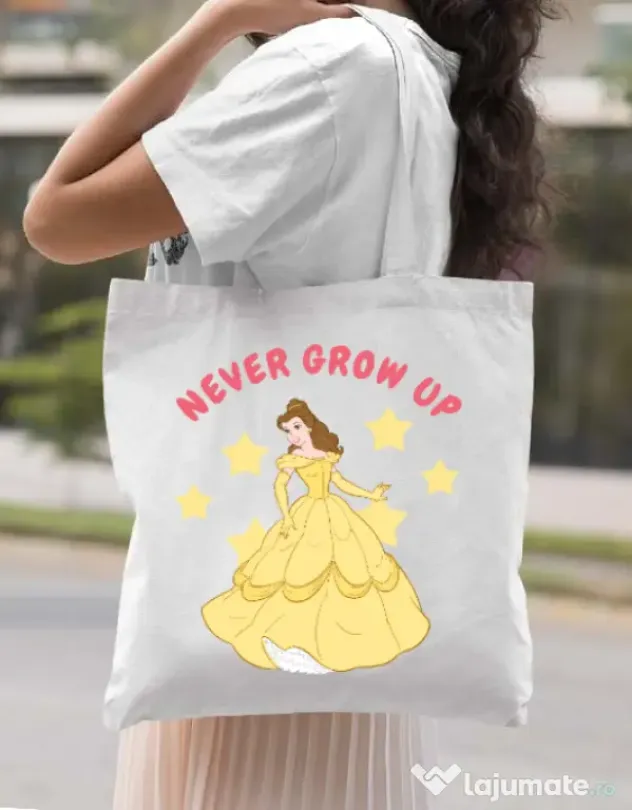 Sacosa din panza Never grow up Alb