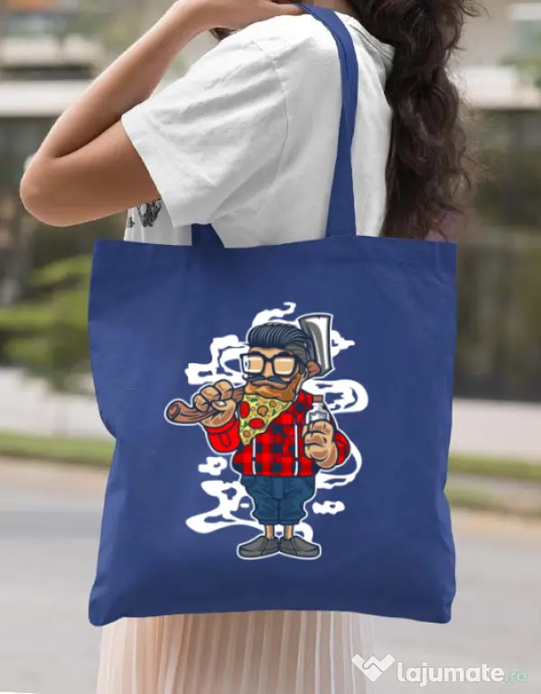 Sacosa din panza Pizza Beard Albastru regal