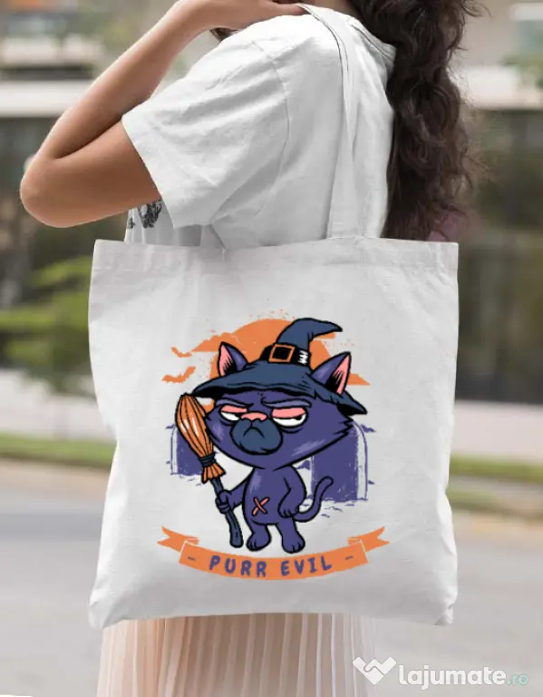 Sacosa din panza Purr halloween Alb
