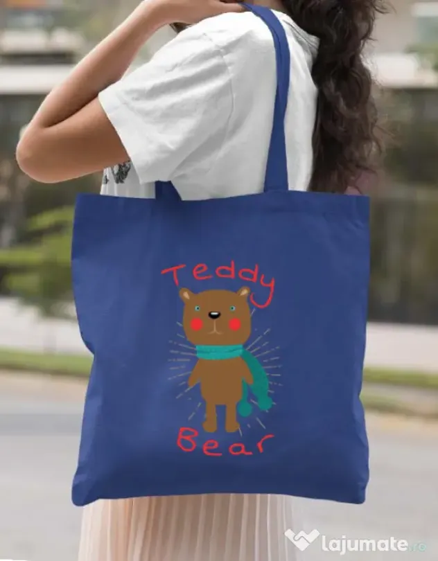 Sacosa din panza Teddy bear Albastru regal
