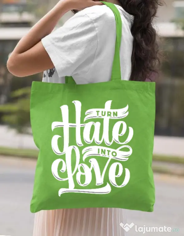 Sacosa din panza Turn Hate Into Love Verde mar