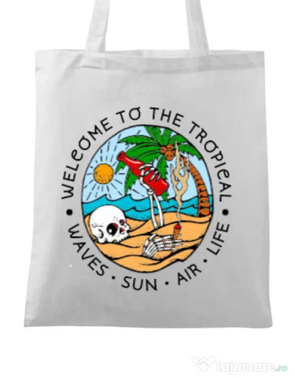 Sacosa din panza Welcome to the tropical Alb
