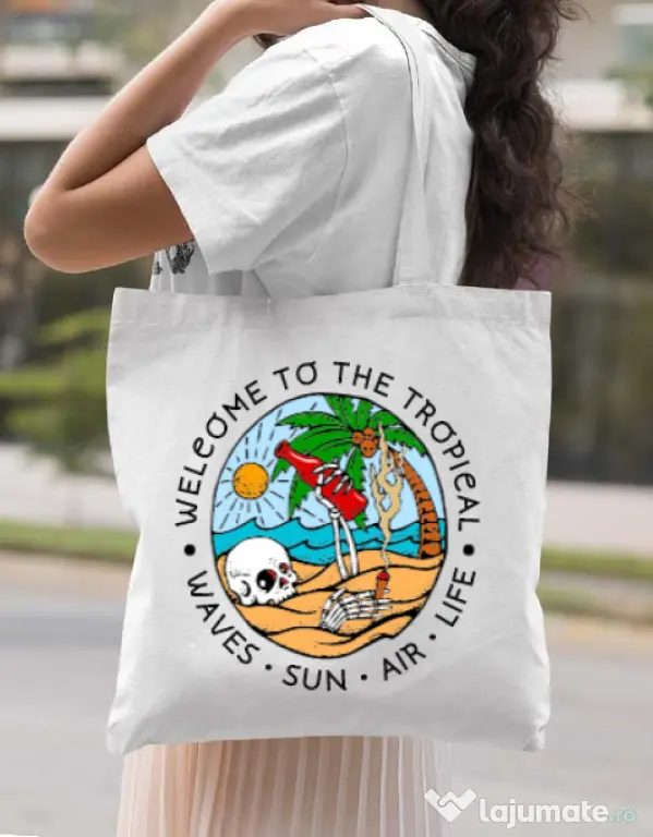 Sacosa din panza Welcome to the tropical Alb