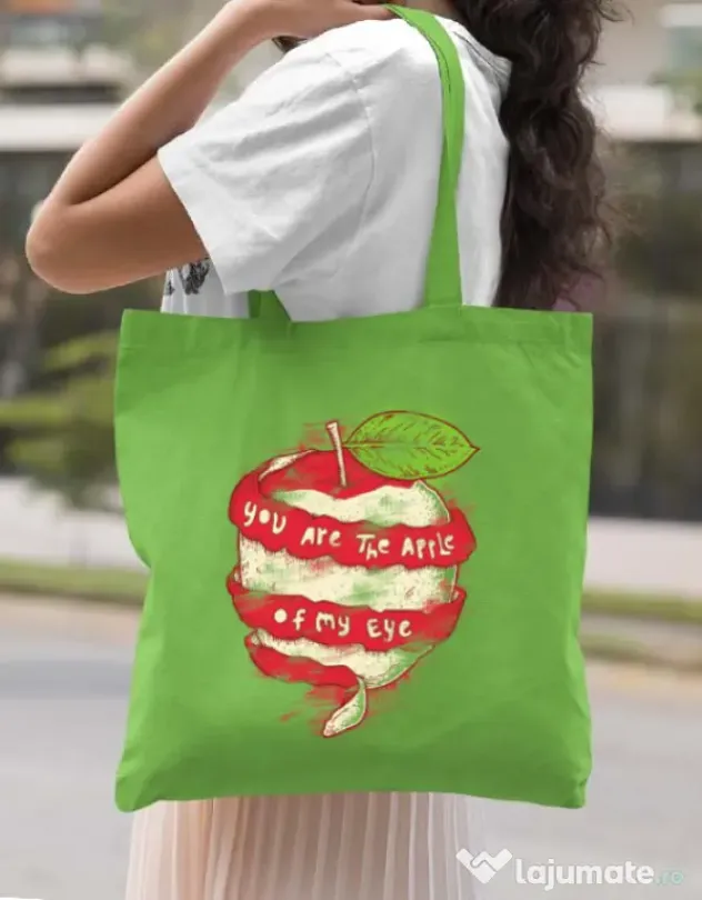 Sacosa din panza You are the apple of my eye Verde mar