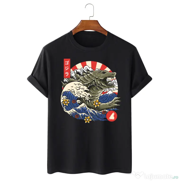 Tricou personalizat negru unisex Great Wave Monster