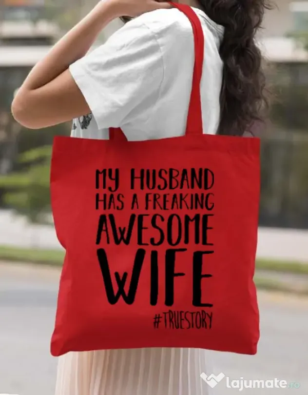 Sacosa din panza Awesome wife Rosu