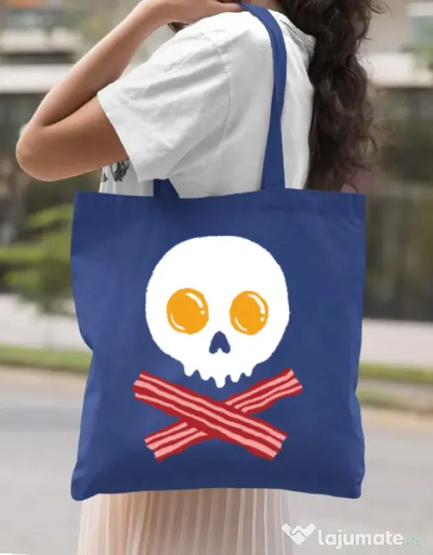 Sacosa din panza Breakfast skull Albastru regal