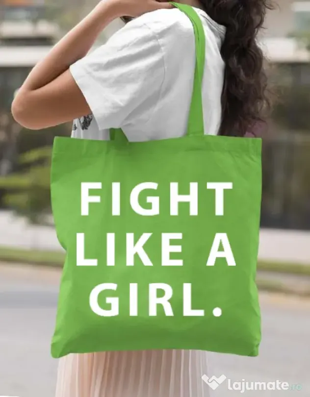 Sacosa din panza Fight like a girl Verde mar