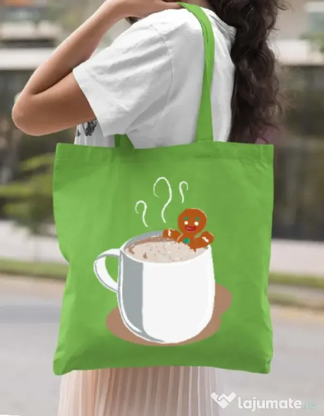 Sacosa din panza Gingerbread man Verde mar