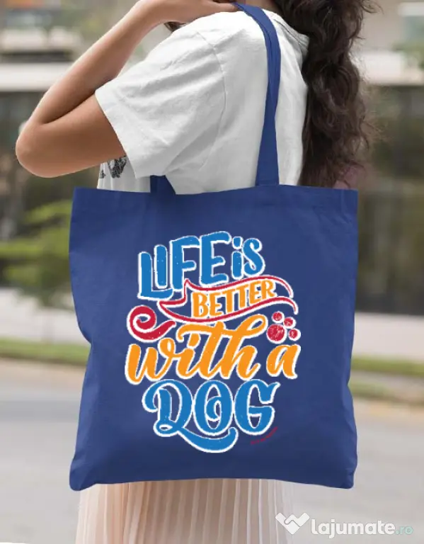 Sacosa din panza Life is better with a dog Albastru regal