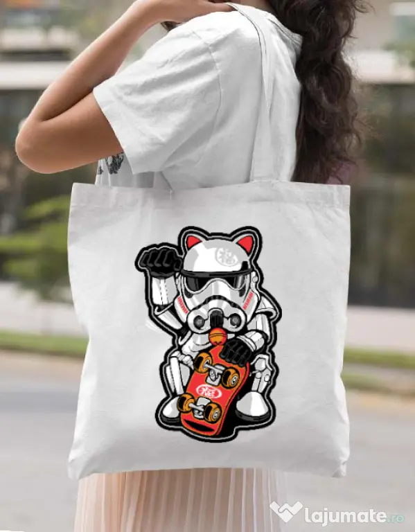 Sacosa din panza Maneki trooper Alb