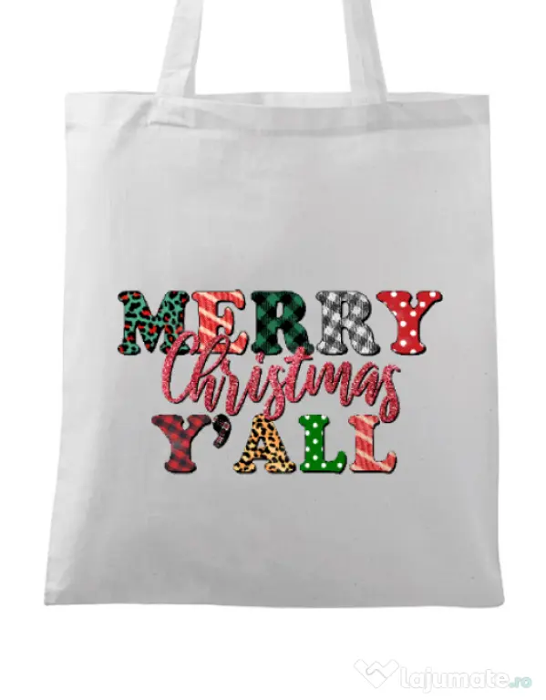 Sacosa din panza Merry Christmas Y`all Alb