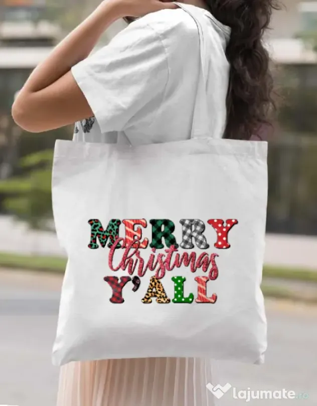 Sacosa din panza Merry Christmas Y`all Alb