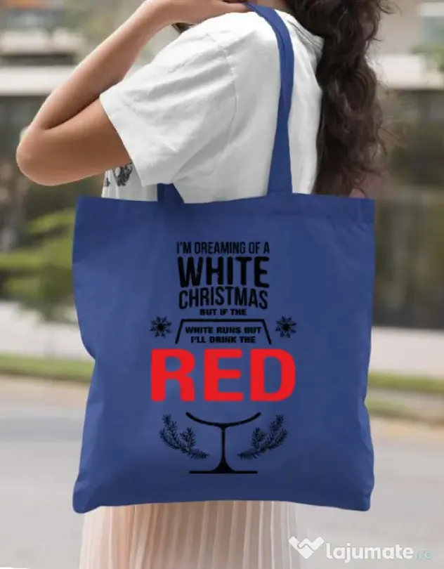 Sacosa din panza White Christmas Albastru regal
