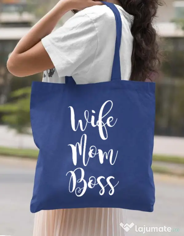 Sacosa din panza Wife mom boss Albastru regal