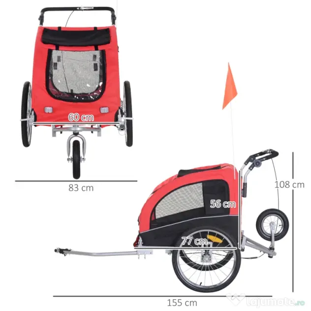 HOMCOM Remorcă pentru Bicicletă 2-în-1, Cărucior de Bicicletă pentru Animale, 155x83x108 cm, Roșu | Aosom Romania