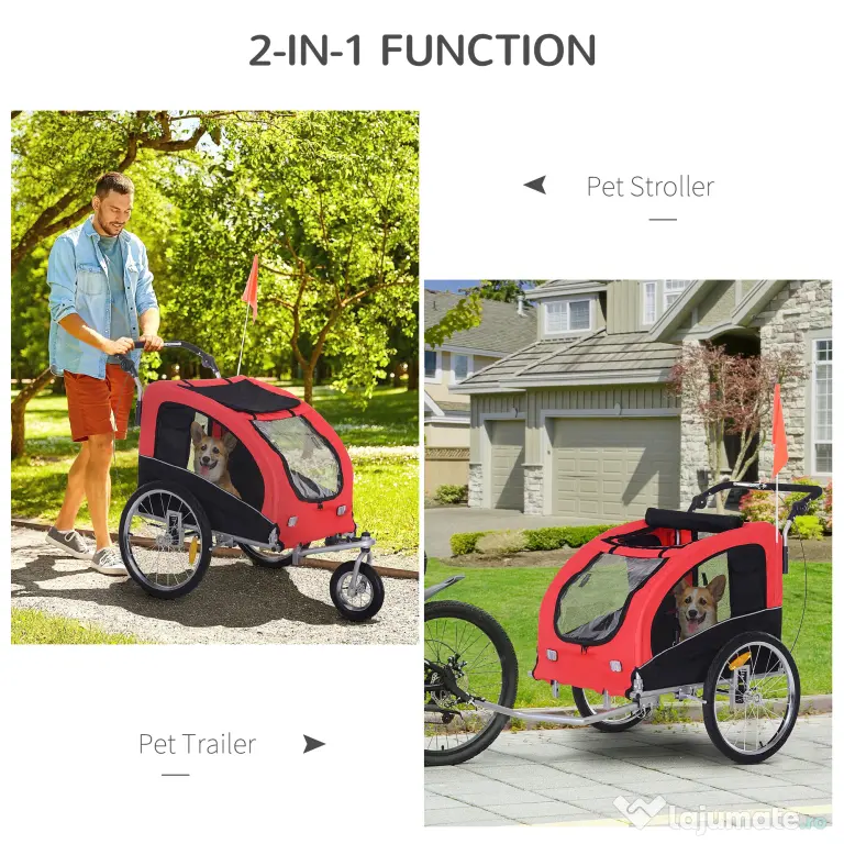 HOMCOM Remorcă pentru Bicicletă 2-în-1, Cărucior de Bicicletă pentru Animale, 155x83x108 cm, Roșu | Aosom Romania