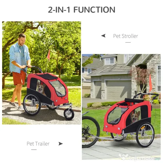 HOMCOM Remorcă pentru Bicicletă 2-în-1, Cărucior de Bicicletă pentru Animale, 155x83x108 cm, Roșu | Aosom Romania