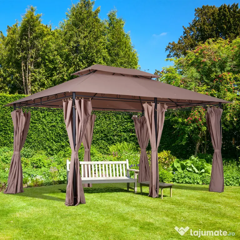 Outsunny Foisor din Otel cu Acoperis Dublu si Perdele Impermeabile culoare kaki 4 x 3 m | Aosom Romania