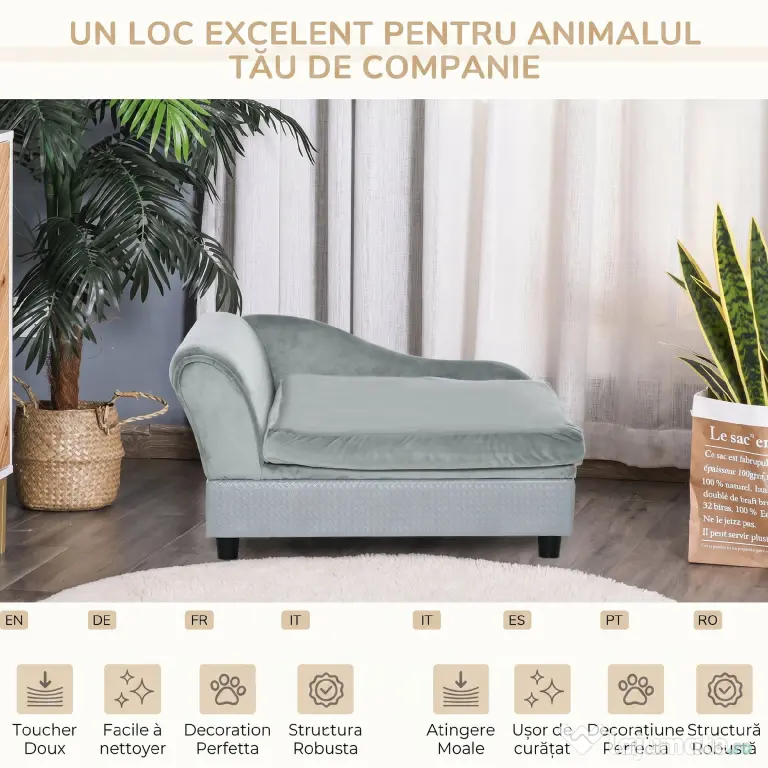 PawHut Canapea pentru Câini cu Spațiu de Depozitare Ascuns și Pernă, 76x45x43 cm, Gri Deschis | Aosom Romania