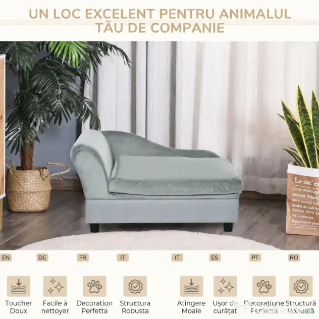 PawHut Canapea pentru Câini cu Spațiu de Depozitare Ascuns și Pernă, 76x45x43 cm, Gri Deschis | Aosom Romania