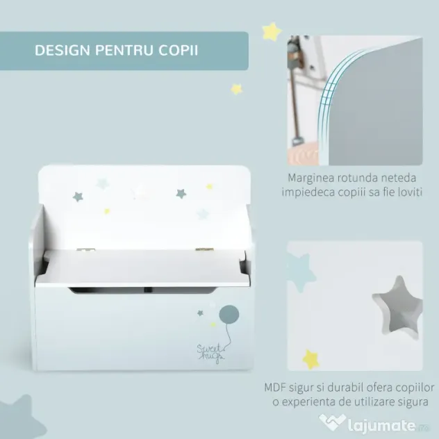 HOMCOM Bancă de Depozitare Portabilă pentru Jucării 2 în 1, Ladă cu Spătar pentru Copii de 3-6 Ani, 60x30x50 cm, Albastru | Aosom Romania