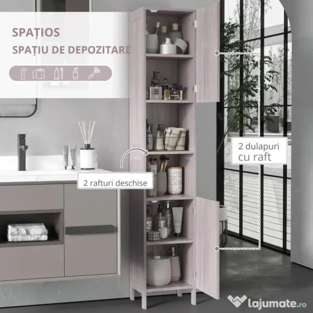 Kleankin Coloană Baie 2 Dulapuri 2 Rafturi Deschise MDF Suprafață Netedă 30x32x172.5cm Culoare Lemn | Aosom Romania
