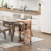 HOMCOM Cărucior de Bucătărie din Lemn Maro, Suport Alimente, 1 Sertar, 4 Coșuri Metalice, MDF, Lemn de Pin, Metal, 47x37x83cm | Aosom Romania 