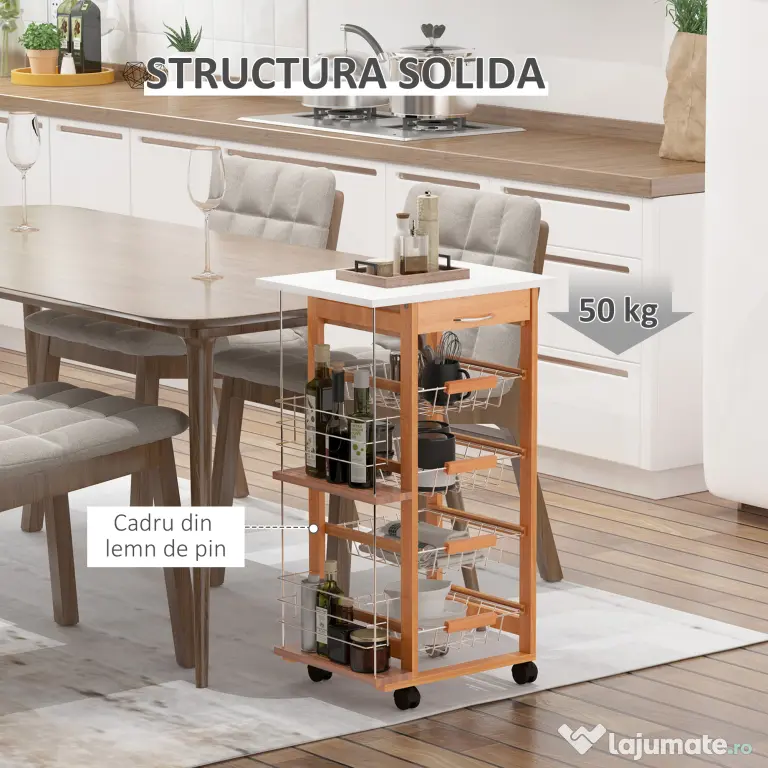 HOMCOM Cărucior de Bucătărie din Lemn Maro, Suport Alimente, 1 Sertar, 4 Coșuri Metalice, MDF, Lemn de Pin, Metal, 47x37x83cm | Aosom Romania