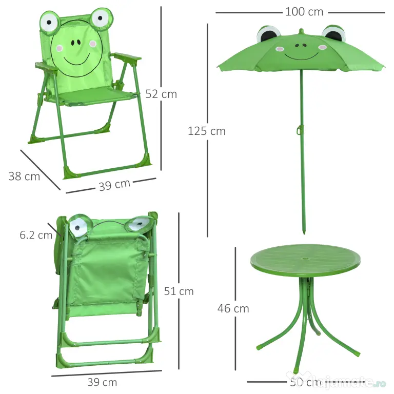 Outsunny Set Masa de Gradina cu 2 Scaune Pliabile si Umbrela pentru Copii din Metal si Poliester, Verde | Aosom Romania