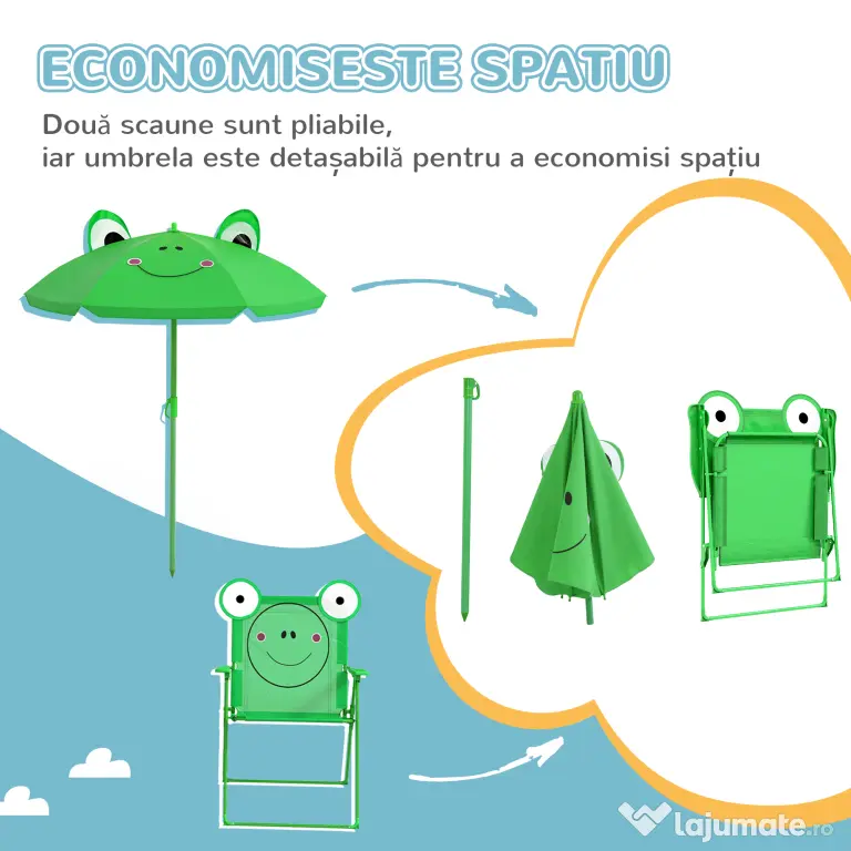 Outsunny Set Masa de Gradina cu 2 Scaune Pliabile si Umbrela pentru Copii din Metal si Poliester, Verde | Aosom Romania