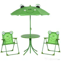 Outsunny Set Masa de Gradina cu 2 Scaune Pliabile si Umbrela pentru Copii