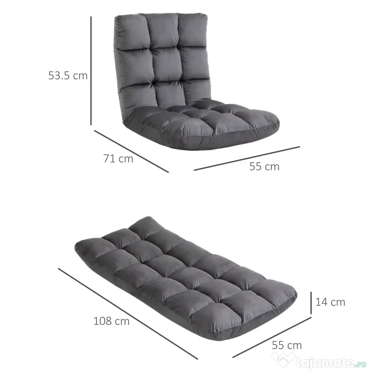 HOMCOM Fotoliu de Podea din Catifea cu Spătar Reglabil până la 180° și Tapițerie Groasă, 55x71x53.5cm, Gri Închis | Aosom Romania